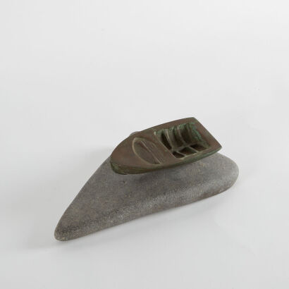 A Large Bronze Boat On A Stone Plinth By Peter Oxborourgh