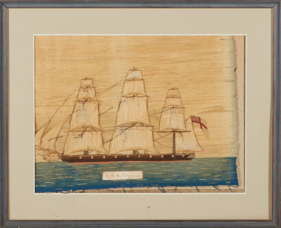 A Framed Woven Depiction Of A Ship