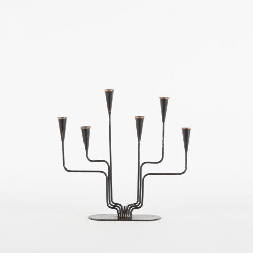 A Gunnar Ander For Ystad Metal Sweden Mid Century Black Enamel And Copper Candleholder