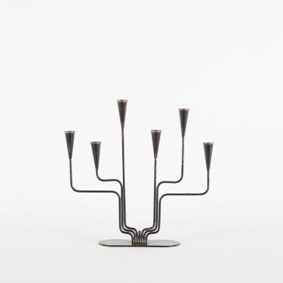 A Gunnar Ander For Ystad Metal Sweden Mid Century Black Enamel And Copper Candleholder