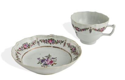 A Pair of Chinese Famille Rose Exported Flower Teacup and Saucer, Qing Dynasty, Qianlong Period