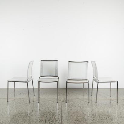 A Set Of Four Belvedere Italian Dining Chairs In White Mesh & Metal Frame
