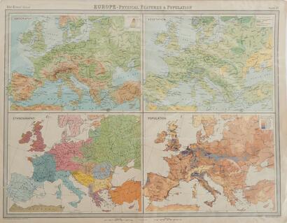An Antique Map Europe - Physical Features & Population Circa 1921