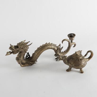 A Bronze Dragon Candle Stick And Teapot