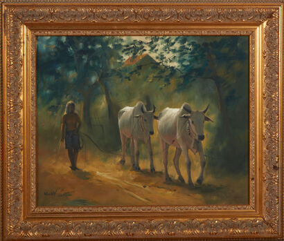 An Ornately Framed Oil Painting Of A Cow Herder