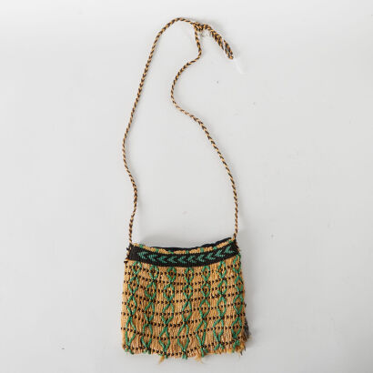 A Small Maori Inspired Hand Knotted Taniko Purse With String Handle