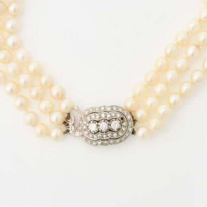 Triple Strand, 6mm Akoya Pearl Necklace with .63ct Diamond Clasp