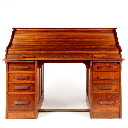 An American Oak Twin Pedestal Roll Top Desk