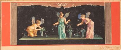 A Pompeii Style Watercolour of Three Putti Figures