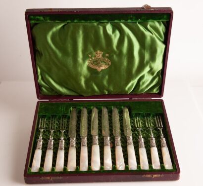 A Cased-Set of Twelve Silver and Mother-Of-Pearl Fruit Knives and Forks