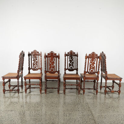 A Suit Of Six High Backed Carved Oak Antique Dining Chairs