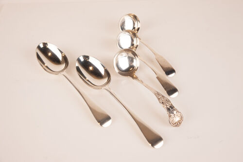 A Pair of Sterling Silver Spoons and Three Small Sterling Silver Ladles