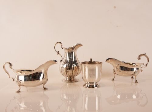 Two Sterling Silver Gravy Boats, A Sterling Silver Jug and A Sterling Silver Christening Cup&nbsp;