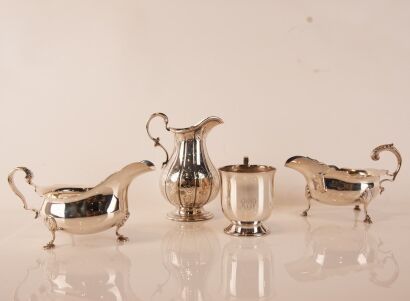 Two Sterling Silver Gravy Boats, A Sterling Silver Jug and A Sterling Silver Christening Cup 