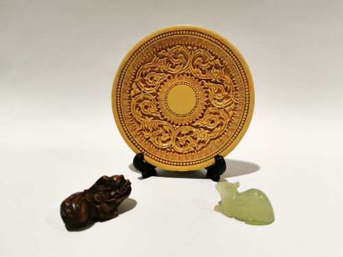 A Chinese Boxwood Animal, A Jade Rabbit and A Boxwood Resin Plate