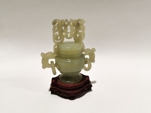 A Chinese Grey Jade Carving of Incense Burner with Wood Stand