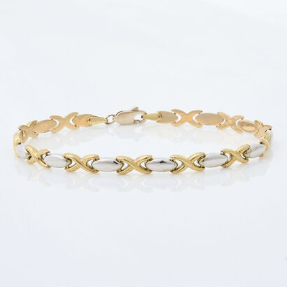 9ct Yellow and White Gold, "X and O," 17.5cm Bracelet