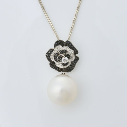 18ct White Gold, .43ct Diamond Flower and Pearl Pendant