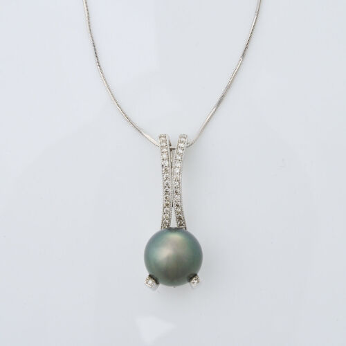 18ct White Gold, 13.3mm Tahitian Pearl and Diamond Pendant