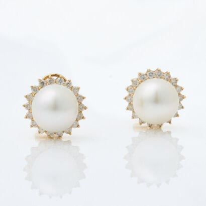 14ct Yellow Gold, 10.8mm South Sea Pearl and Diamond Earrings