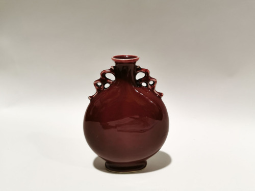 A Chinese Red-Glazed Handled Moon Shaped Vase