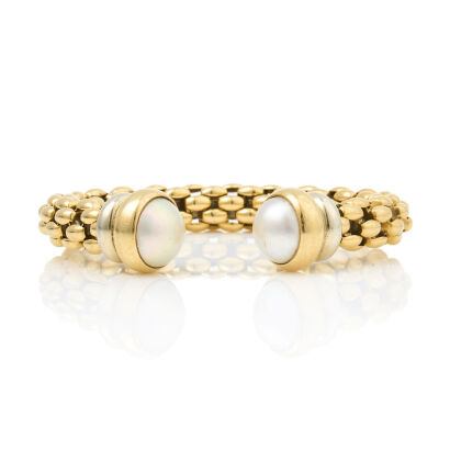 18ct Yellow Gold, Vintage Mesh and Mabe Pearl Cuff Bracelet