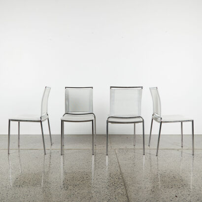 A Set Of Four Belvedere Italian Dining Chairs In White Mesh & Metal Frame