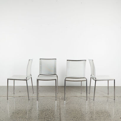 A Set Of Four Belvedere Italian Dining Chairs In White Mesh & Metal Frame