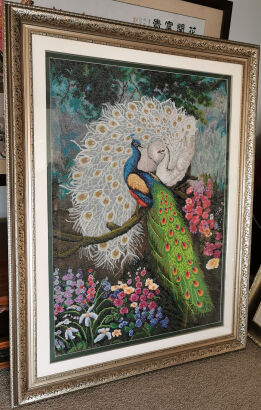 A Chinese Peacock and Flowers Cross Stitch