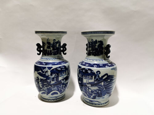 A Pair of Chinese Blue and White Figural Big Vases
