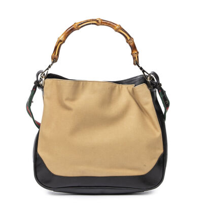 Gucci Beige Canvas Bamboo Top Handle Hobo Bag