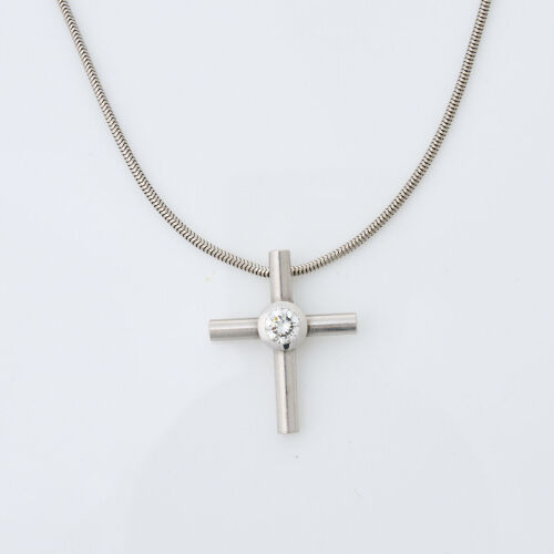 18ct White Gold, .45ct Diamond Cross Pendant On Snake Chain