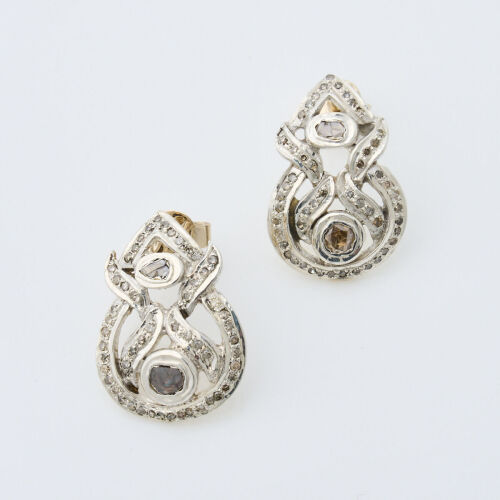 Silver and 18ct Yellow Gold, 1.20ct Polki Diamonds Drop Shape Earrings