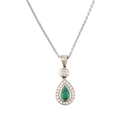 18ct White Gold, .80ct Emerald and .50ct Diamond Pendant on 18ct Chain