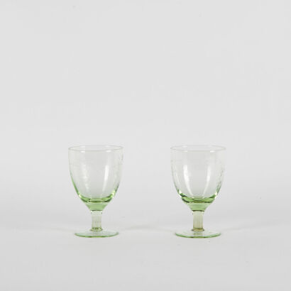 A Pair Of Etched Green Short Wine Glasses