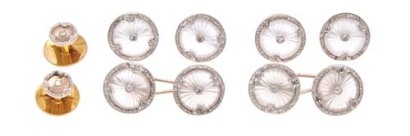 Art Deco Set of Rock Crystal and Diamond Shirt Studs, Collar Stays and Cufflinks *