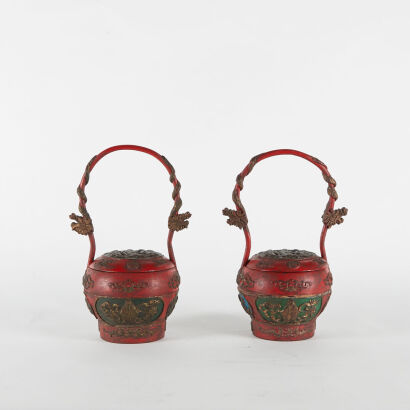 A Pair of Antique Lacquered Chinese Rice Containers