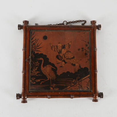 An Antique Japanese Dresser Mirror With Etched Copper Scenery Decoration