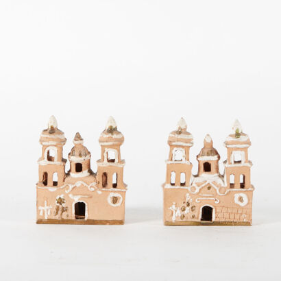 A Pair Of Mexican Folk Art Pottery Churches