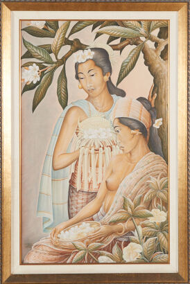 A Large Balinese Painting of Women with Flowers