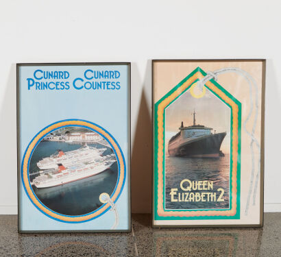 A Pair Of Vintage Cunard Line Framed Advertising Posters