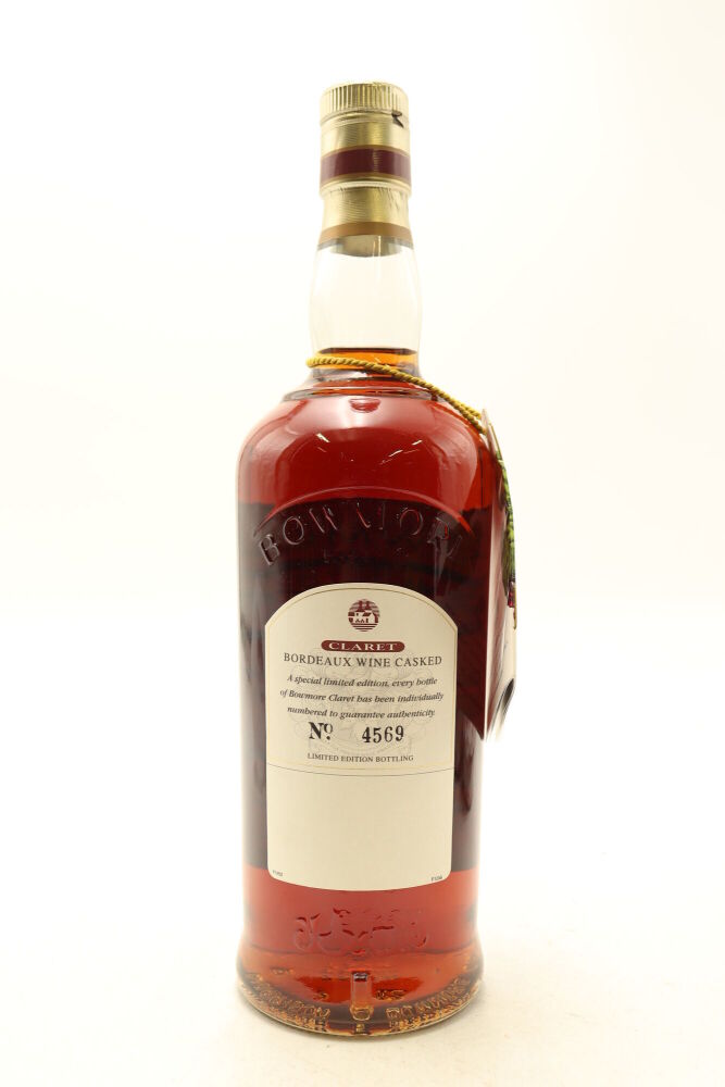 1) Bowmore Claret Bordeaux Wine Casked Single Malt Scotch Whisky, 56% ABV,  750ml