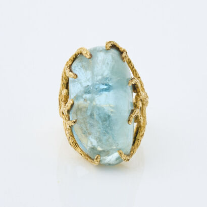 18ct Yellow Gold, Handmade, 50.00ct Cabochon cut Aquamarine Ring