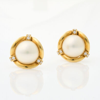 14ct Yellow Gold, Mabe Pearl and .42ct Diamond Earrings