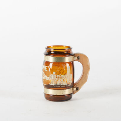 A Vintage Amber Glass And Wood Sydney Mug