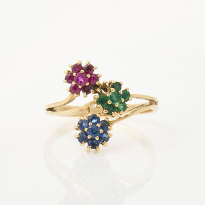 14ct Yellow Gold, Sapphire, Ruby, and Emerald Cluster Ring of .60cts Total