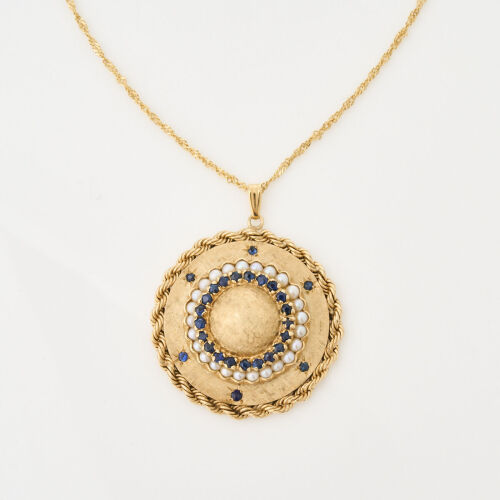 14ct Yellow Gold, Sapphire and Seed Pearl Pendant on 18ct Yellow Gold Singapore Twist Chain