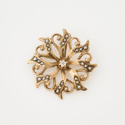 9ct Rose Gold, Floral Seed Pearl Brooch/Pendant