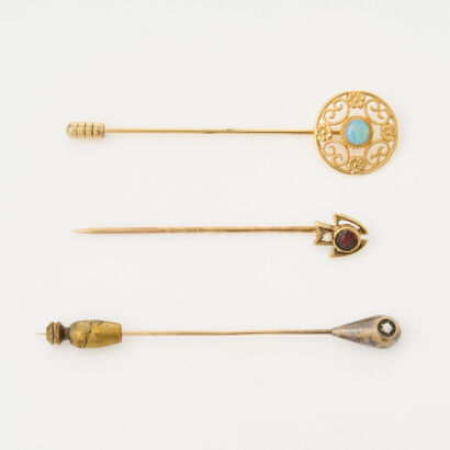 Collection of three Hat Pins in 14ct Yellow Gold and 1 x 12ct Gold Filled