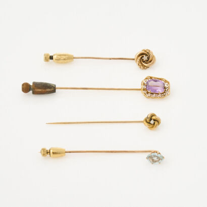 Collection of Four Hat Pins, 2 x 10ct Yellow Gold/ 2 x 9ct Yellow Gold